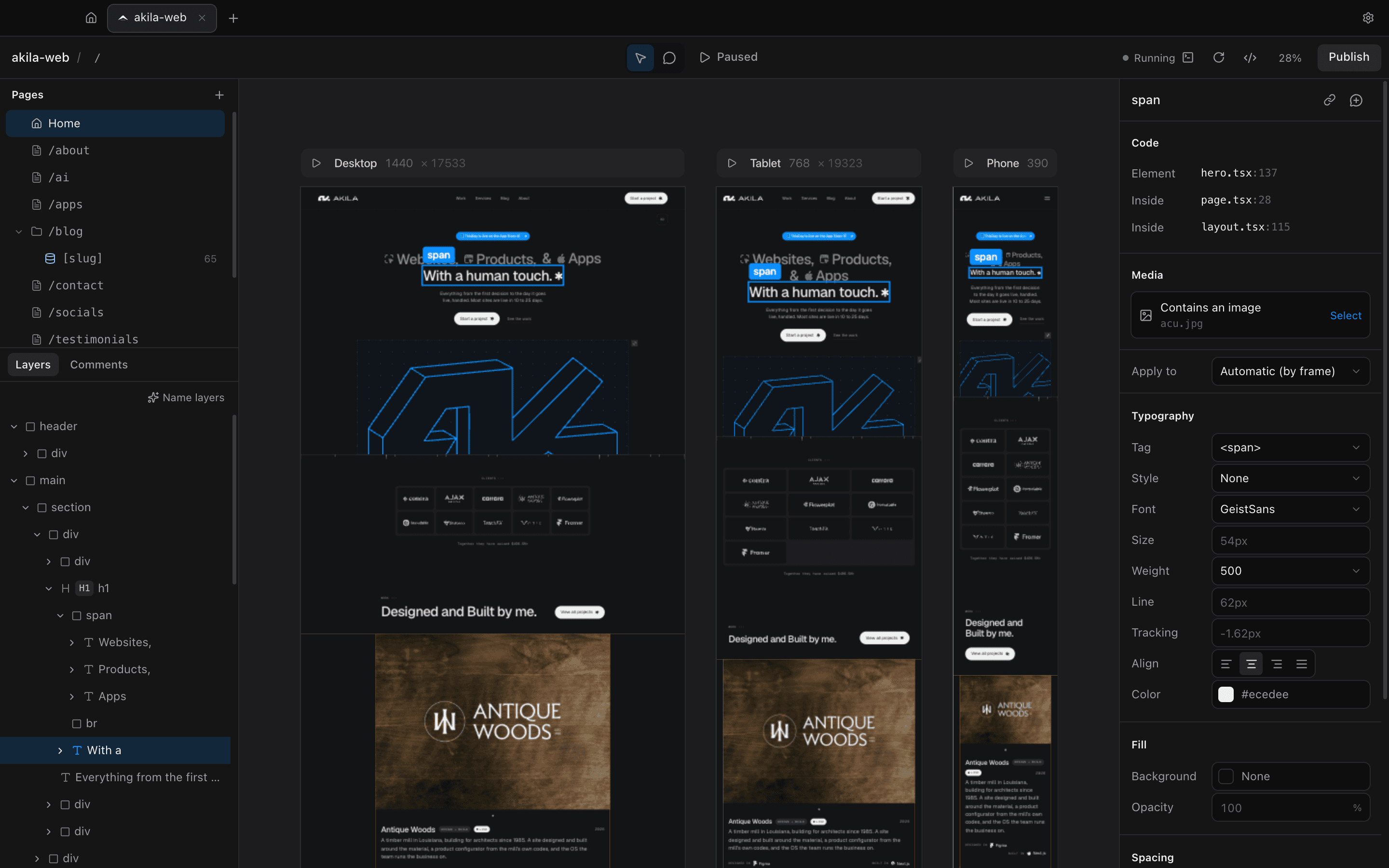 The midcode editor: a site shown live at Desktop, Tablet and Phone breakpoints on a canvas, with the Layers panel on the left and the heading’s file, line and typography controls on the right.